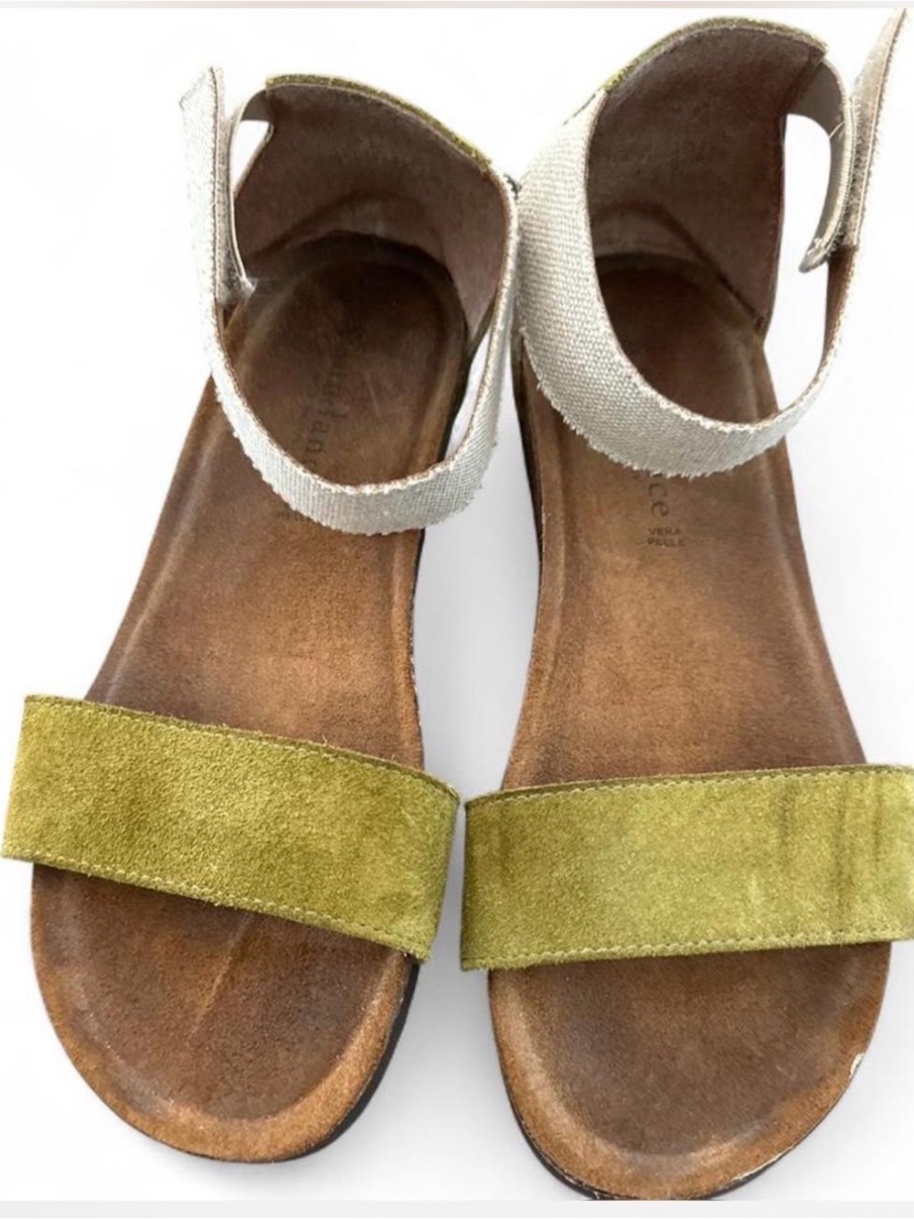 Sundance Olive Green Suede Front-Strap Sandals with Cream Ankle Strap